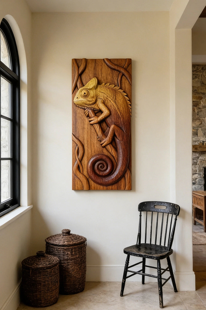 Chameleon wood relief displayed on living room wall
