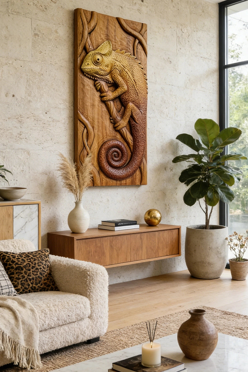 Chameleon wood relief displayed on living room wall