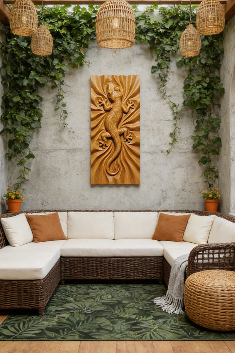 Gecko wood relief displayed on entryway wall