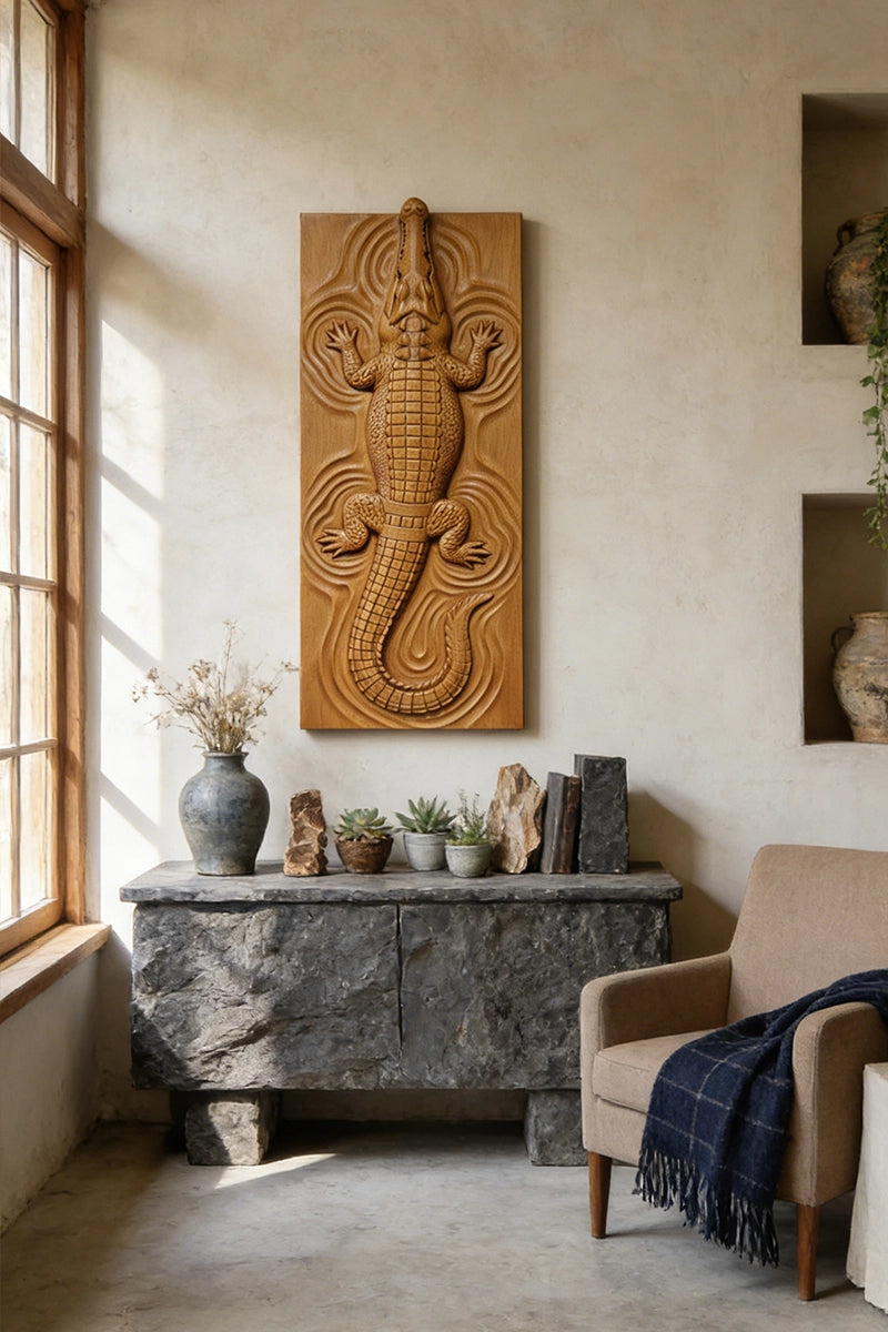 Crocodile wood relief displayed on hallway wall