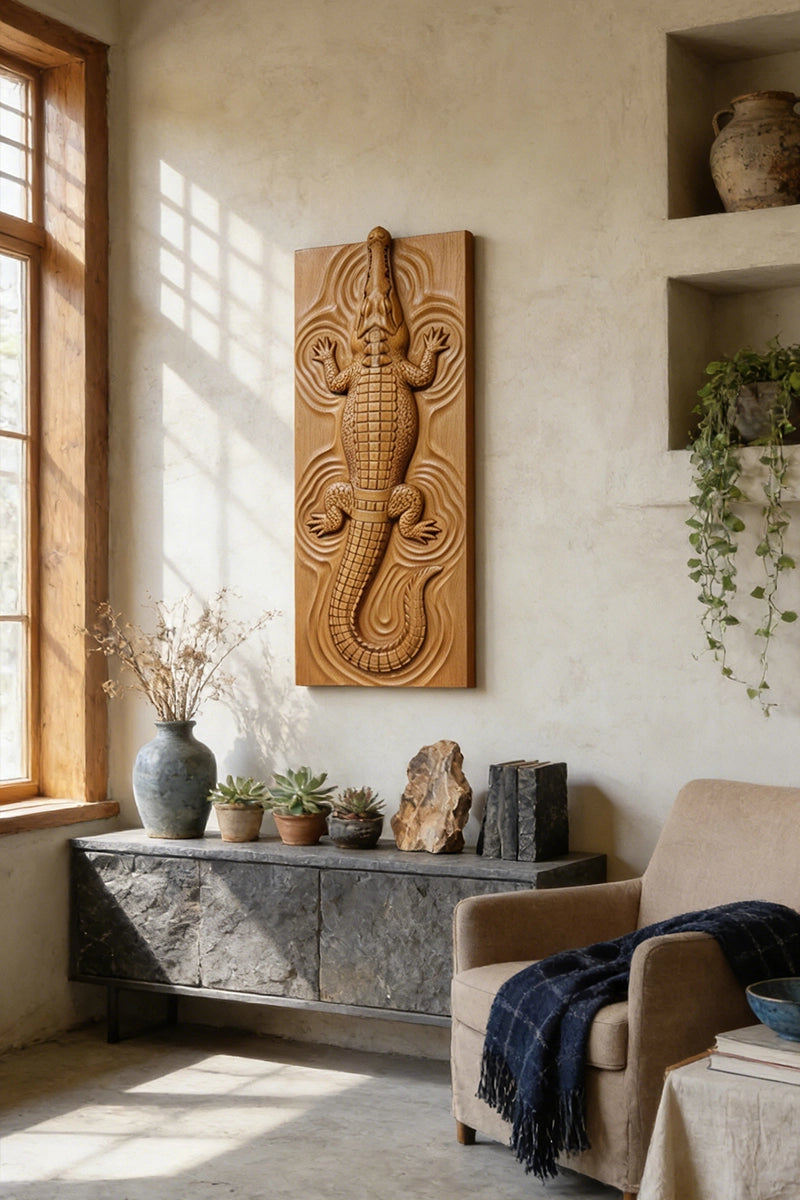 Crocodile wood relief displayed on hallway wall