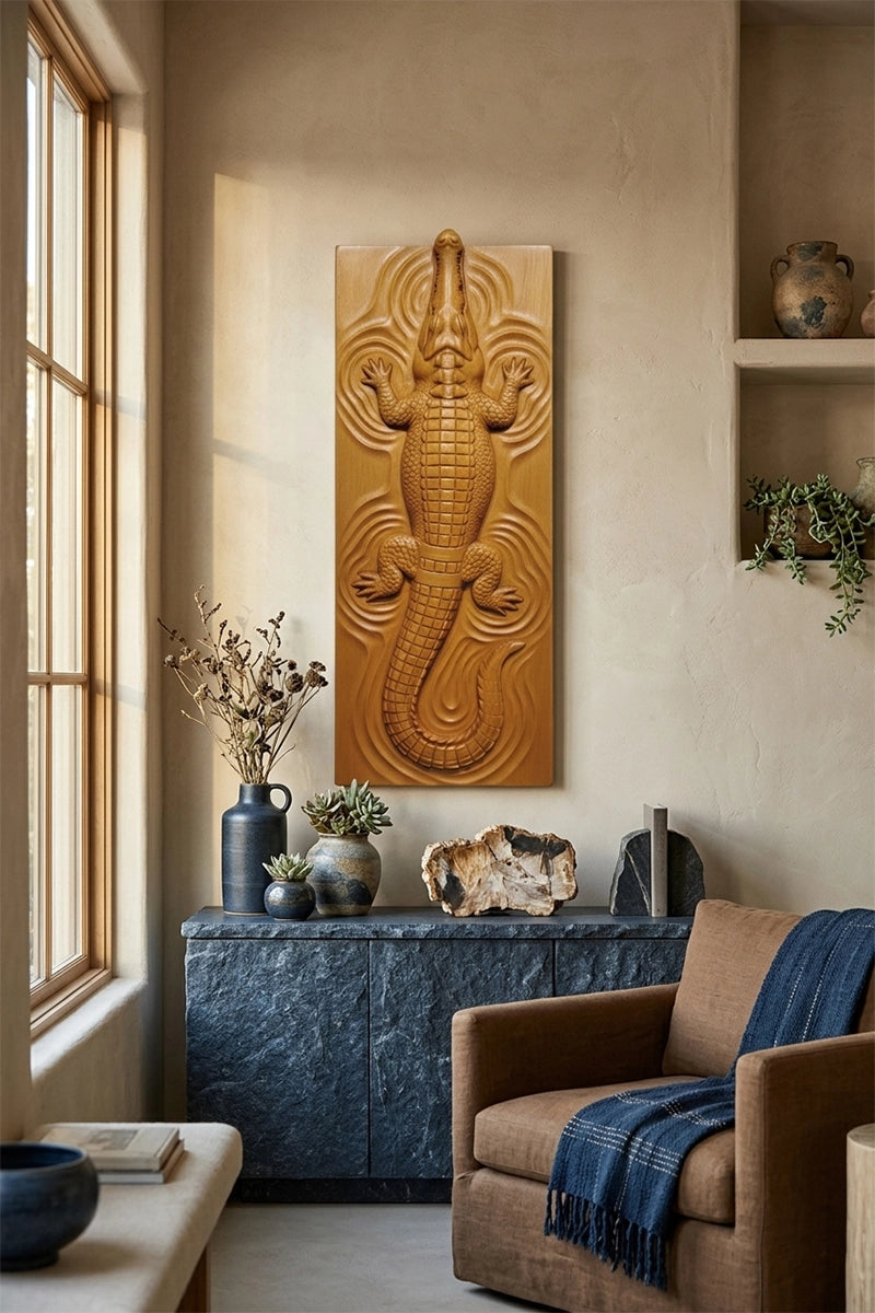 Crocodile wood relief displayed on hallway wall
