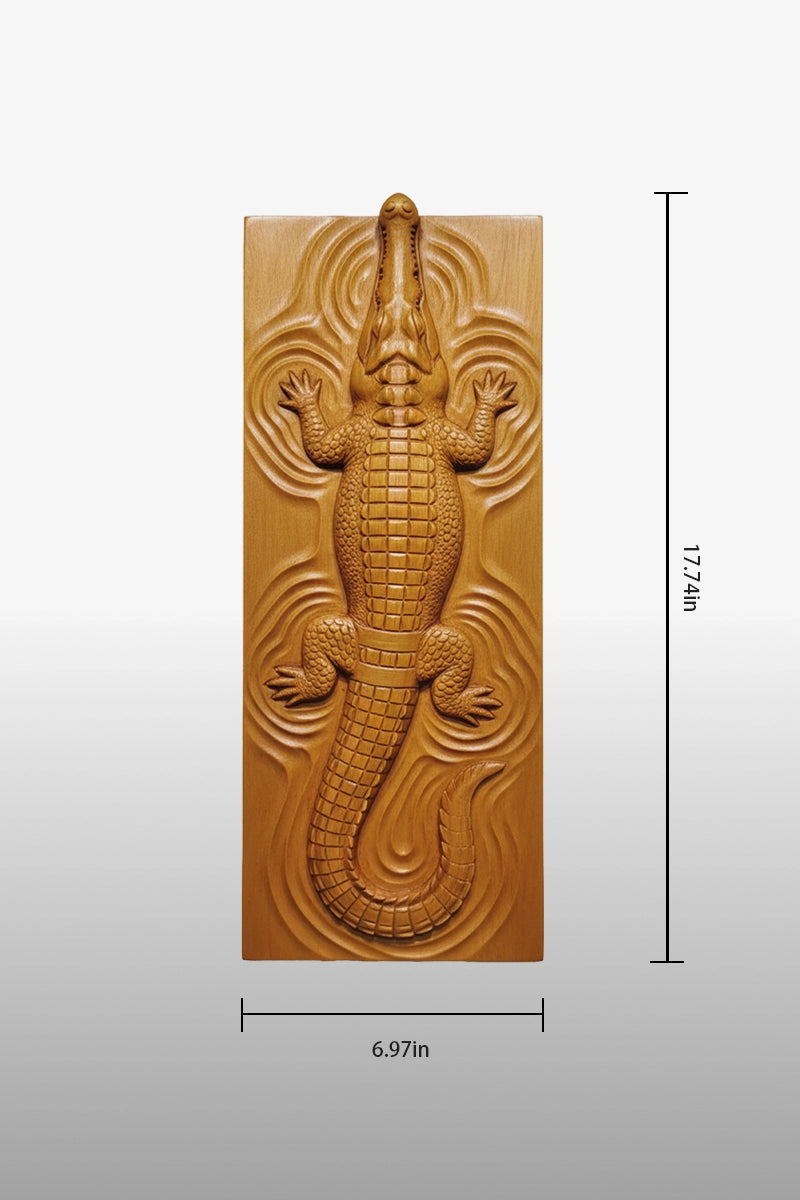Crocodile camphor wood wall art dimensions, 6.97 inches wide by 17.74 inches tall