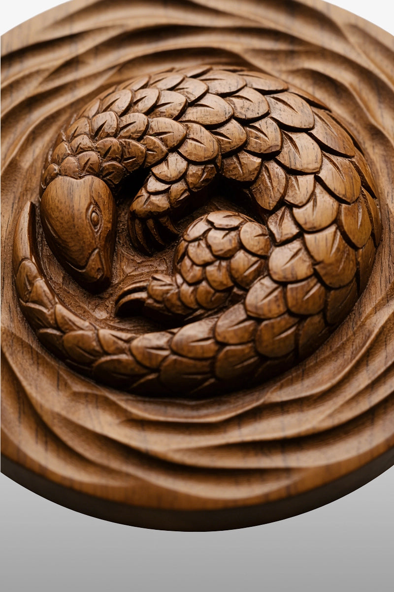 Pangolin wood carving detail showing overlapping scales and chisel marks