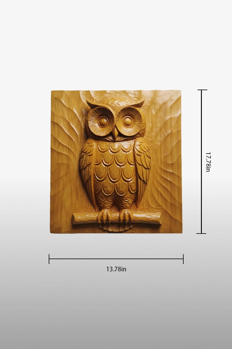 Owl camphor wood wall art dimensions, 13.78 inches wide by 17.78 inches tall