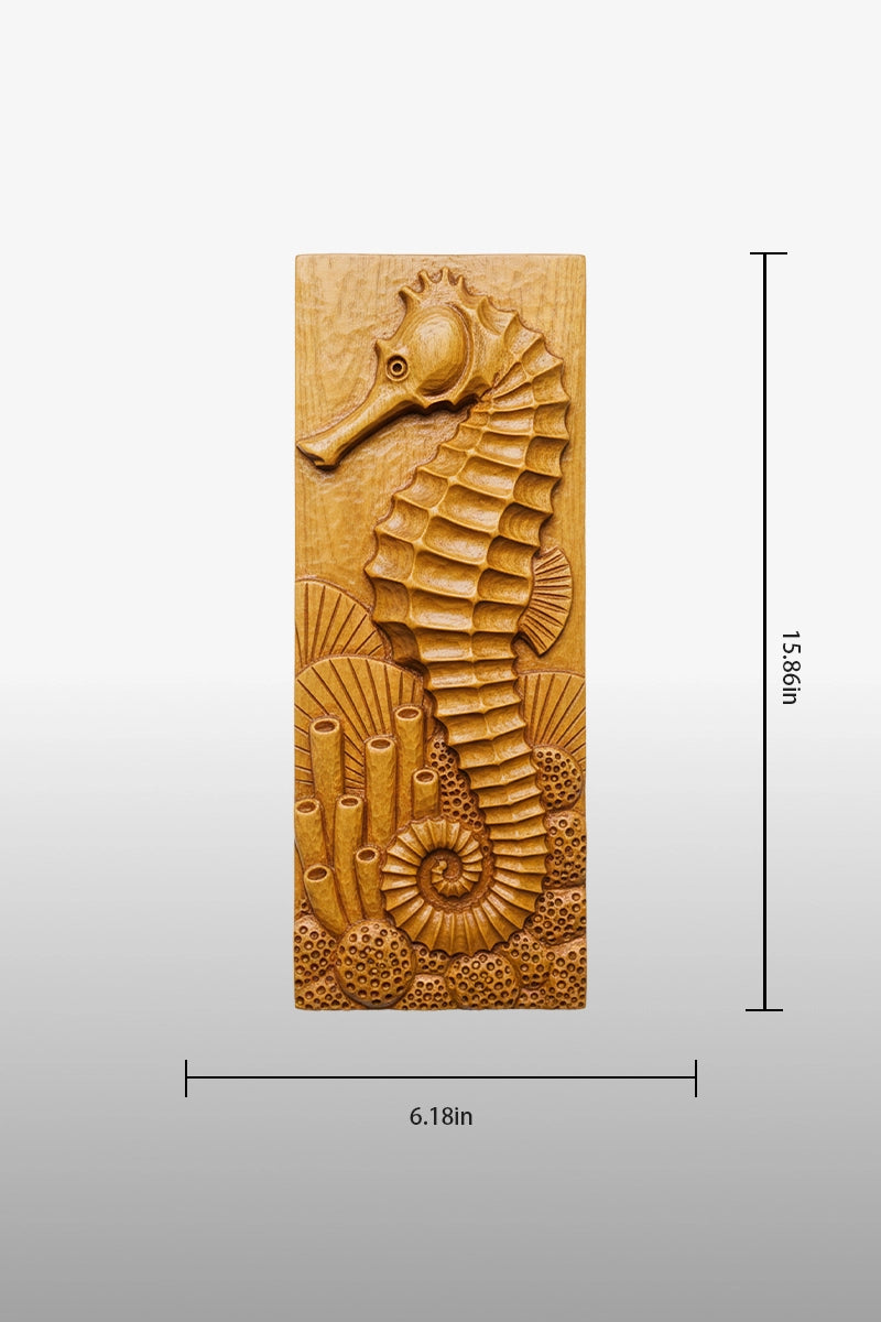 Seahorse camphor wood wall art dimensions, 6.18 inches wide by 15.86 inches tall