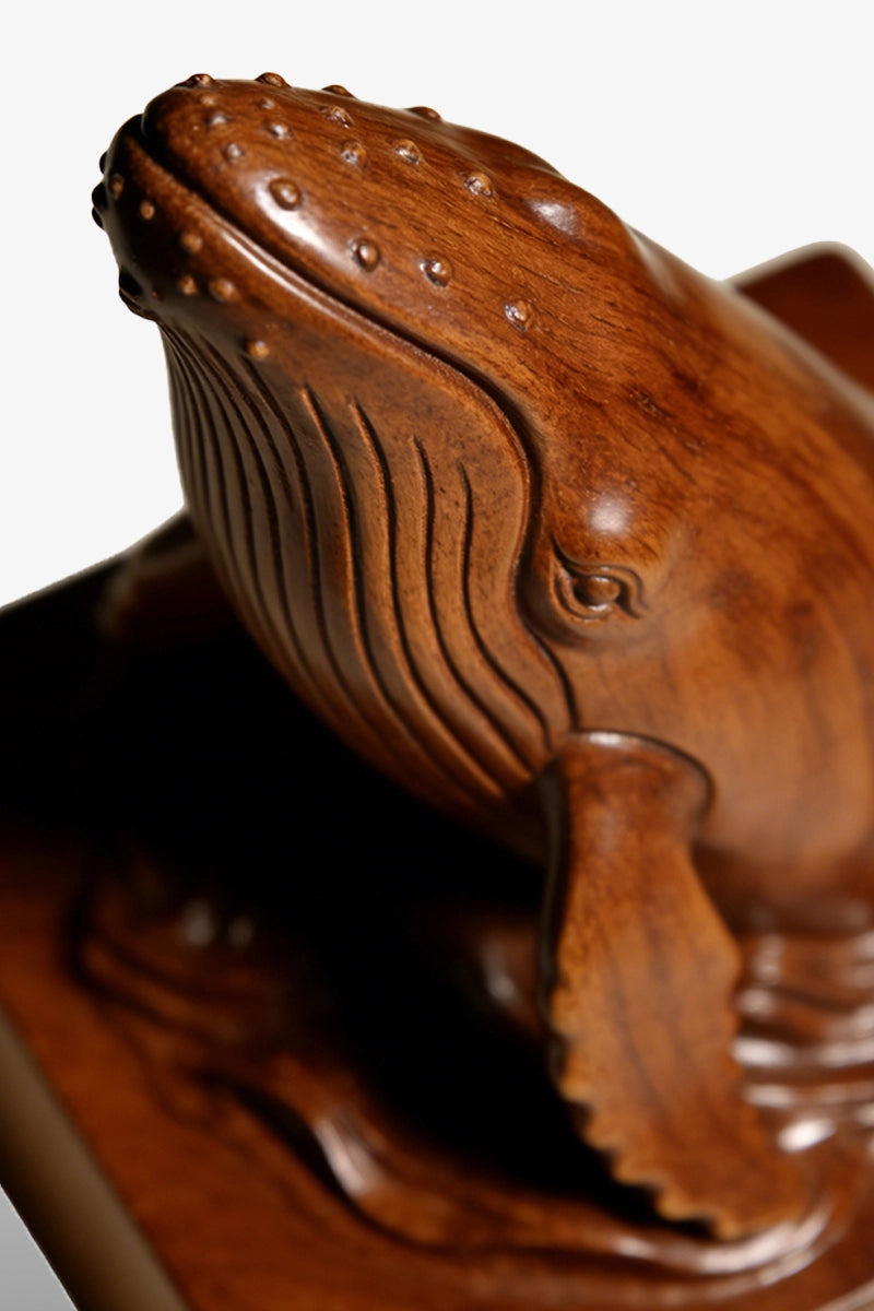 Humpback whale wood sculpture detail showing throat grooves and tubercles
