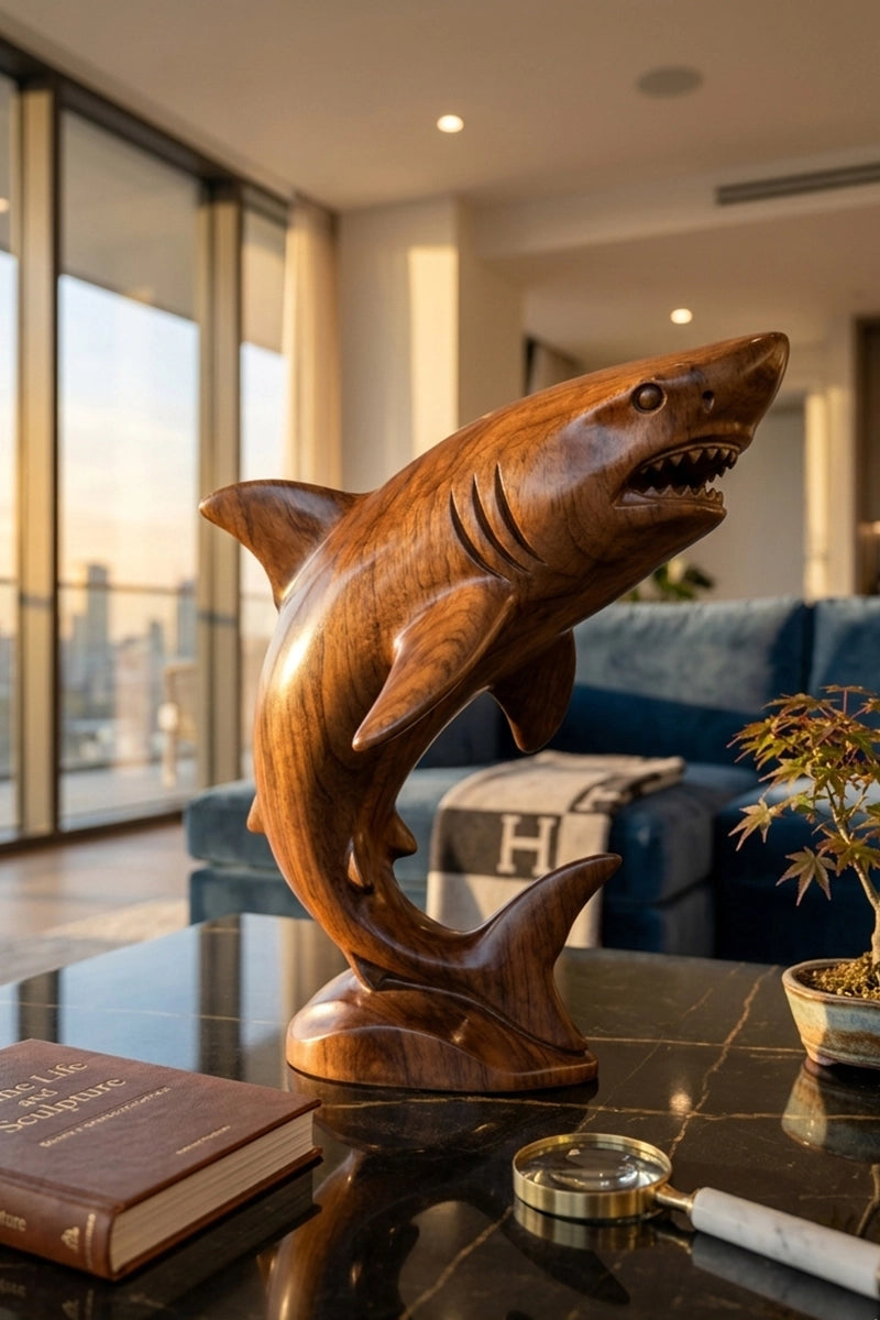 Shark wood sculpture displayed on office desk or bookshelf