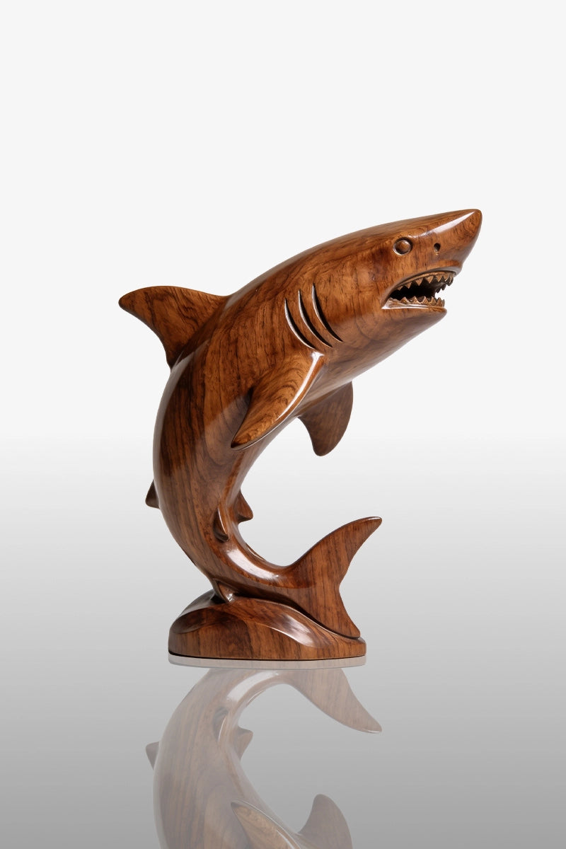 Hand-carved great white shark sculpture in camphor wood leaping with open jaw