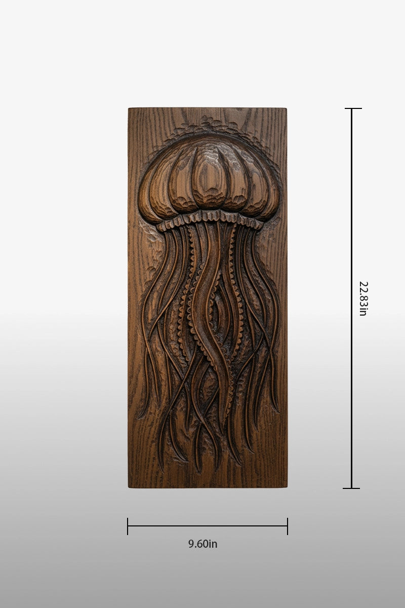 Jellyfish camphor wood wall art dimensions, 9.60 inches wide by 22.83 inches tall