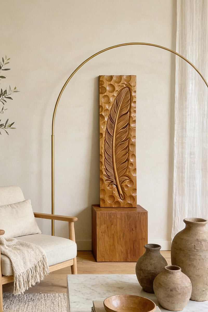 Feather wood relief displayed on hallway or bedroom wall
