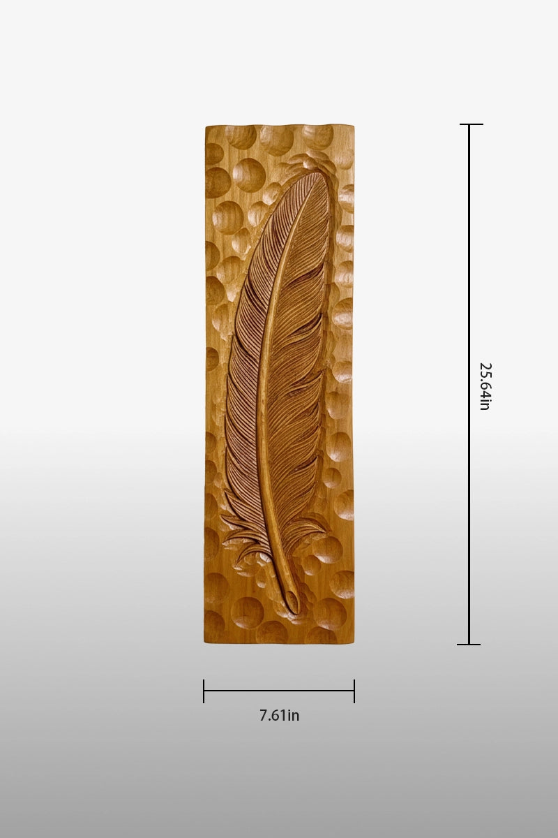 Feather camphor wood wall art dimensions, 7.61 inches wide by 25.64 inches tall