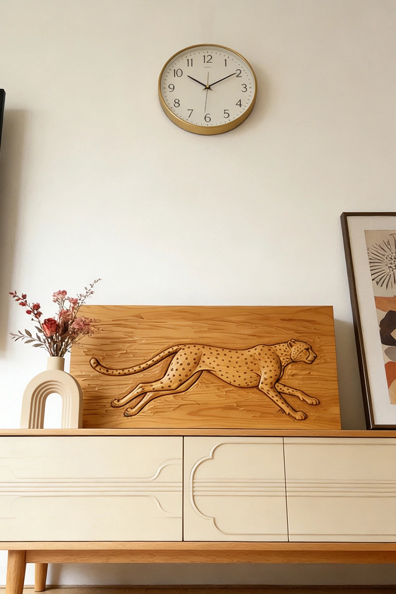 Cheetah wood relief displayed on living room or office wall