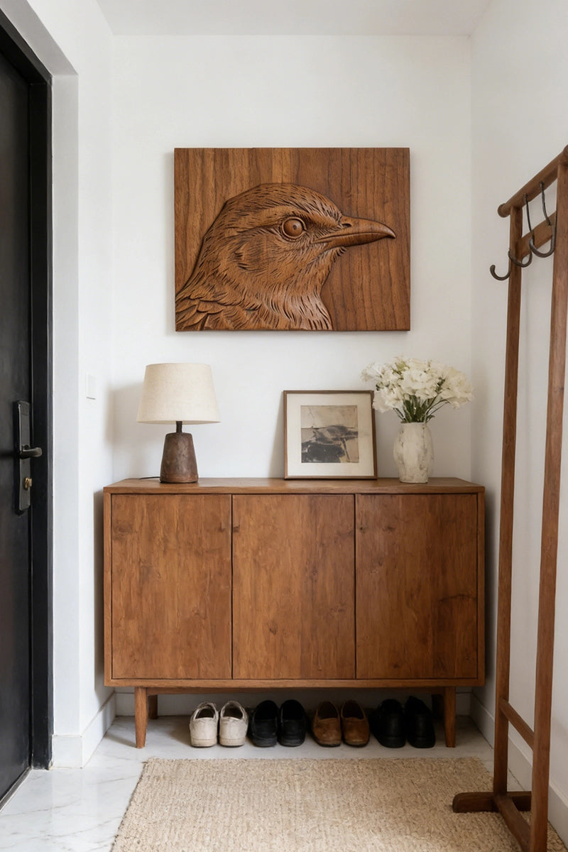 Crow wood relief displayed on study or dark-toned accent wall
