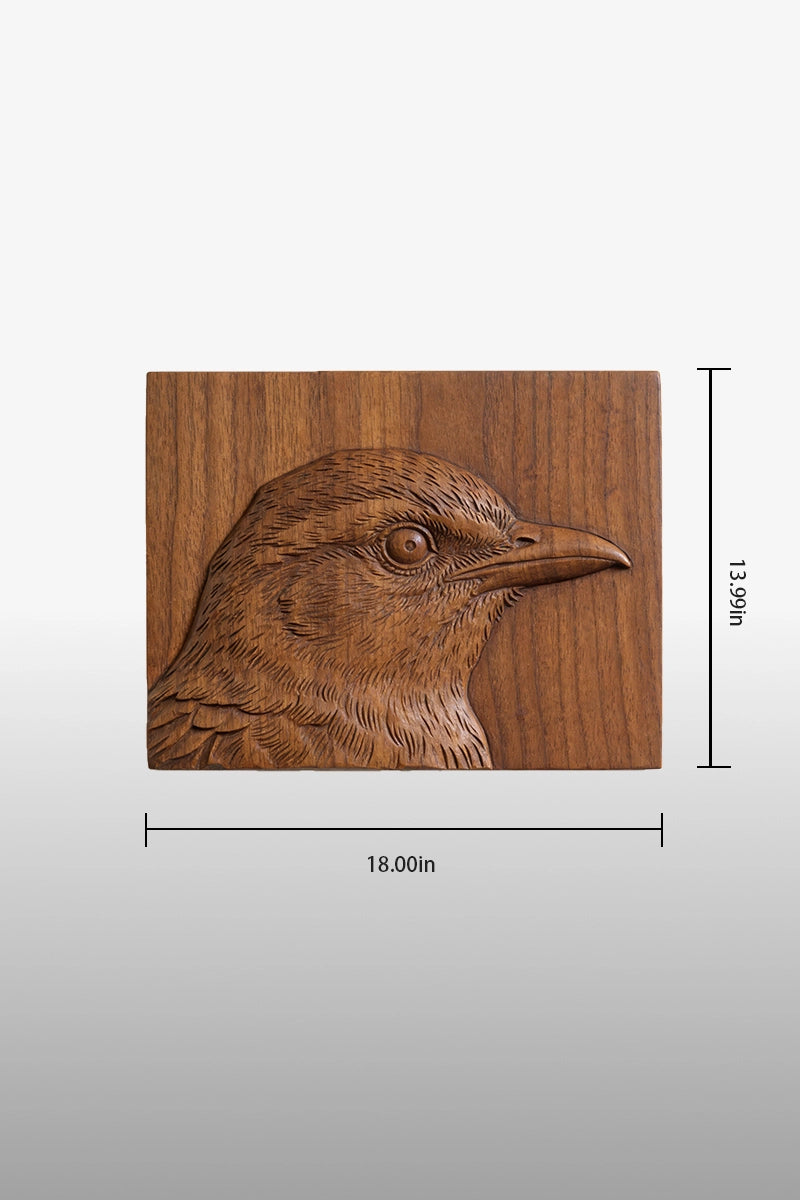 Crow camphor wood wall art dimensions, 18.00 inches wide by 13.99 inches tall