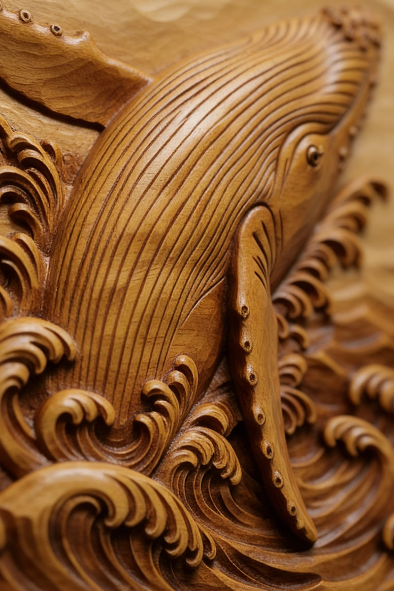 Hand-carved humpback whale relief in natural camphor wood with ocean wave details, 19 x 19 inches