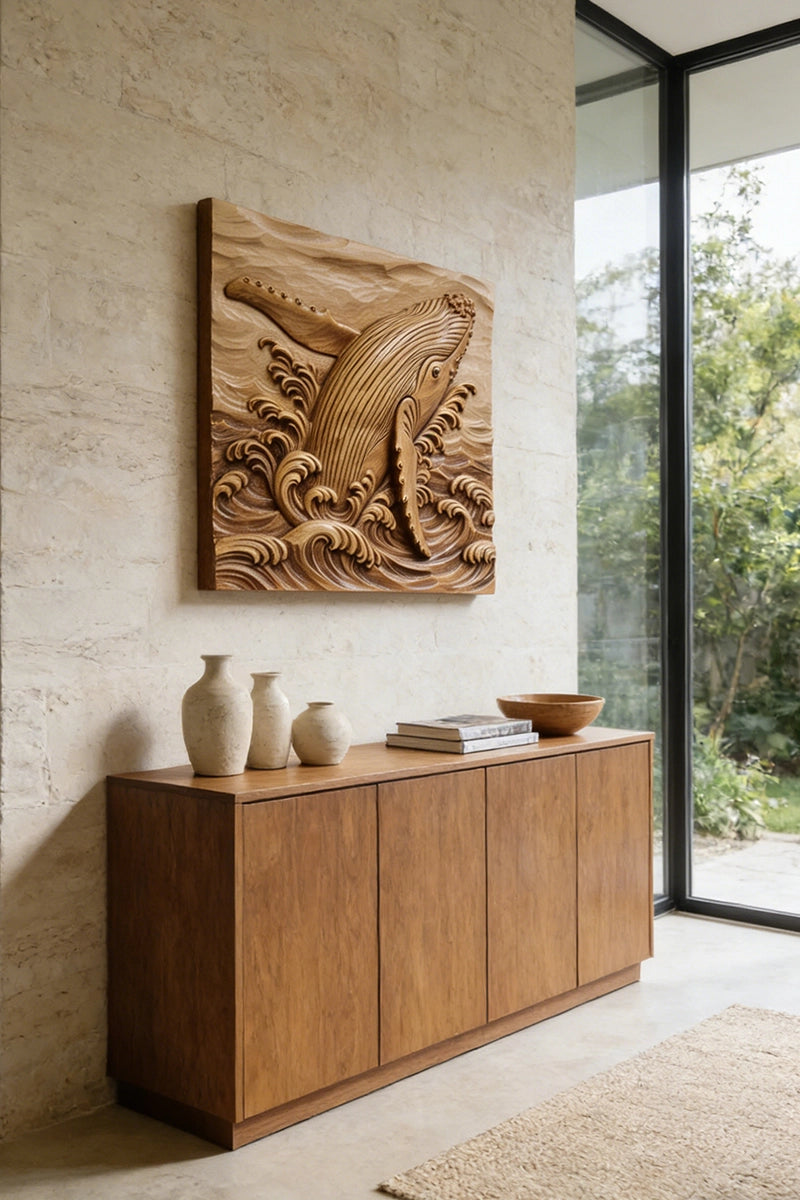 Hand-carved humpback whale relief in natural camphor wood with ocean wave details, 19 x 19 inches