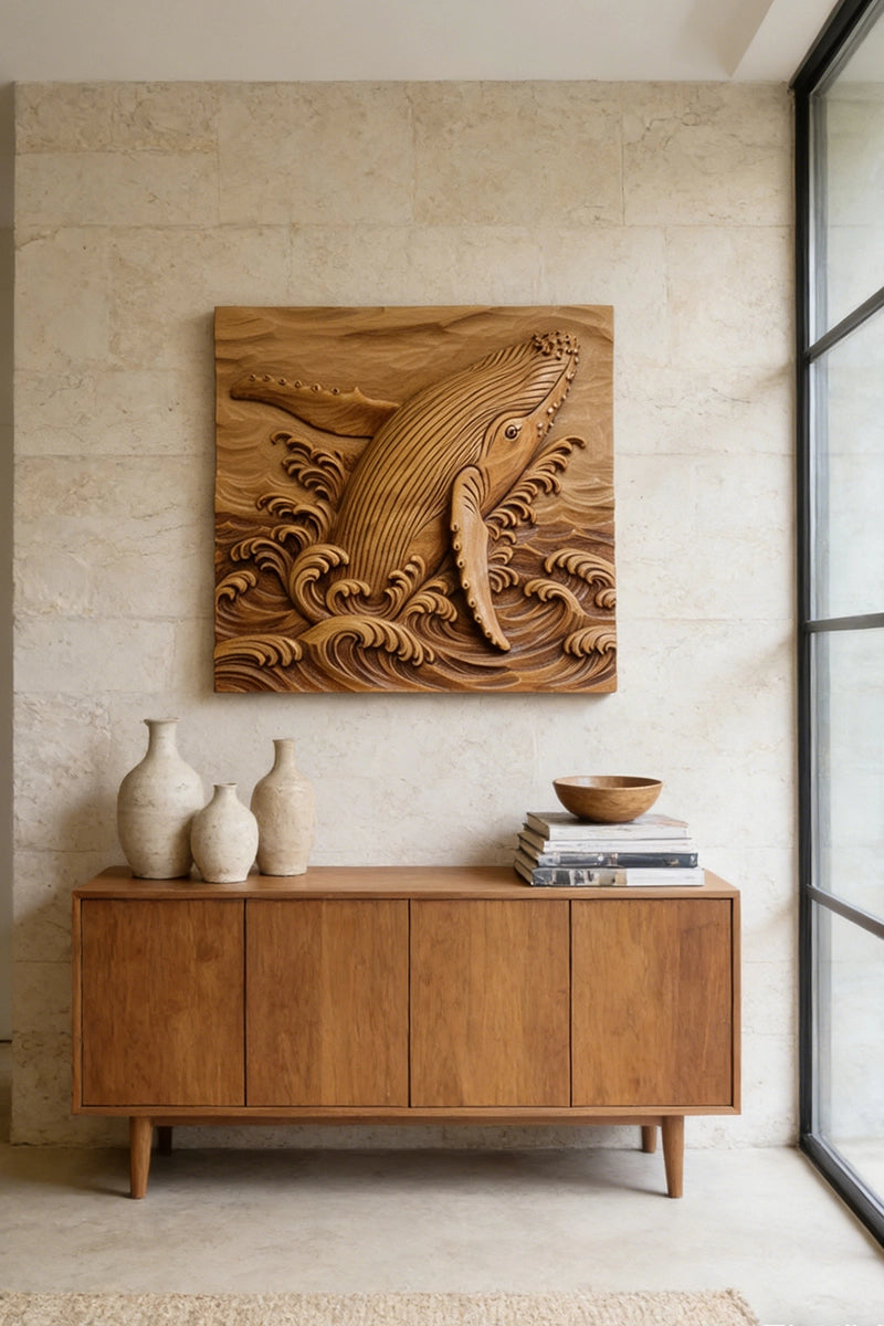 Hand-carved humpback whale relief in natural camphor wood with ocean wave details, 19 x 19 inches