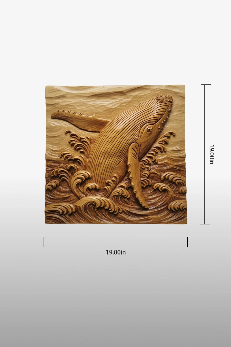Hand-carved humpback whale relief in natural camphor wood with ocean wave details, 19 x 19 inches