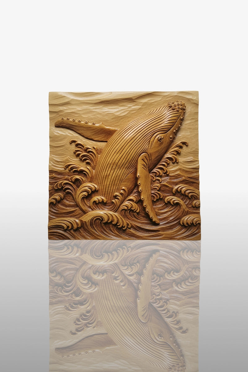 Hand-carved humpback whale relief in natural camphor wood with ocean wave details, 19 x 19 inches