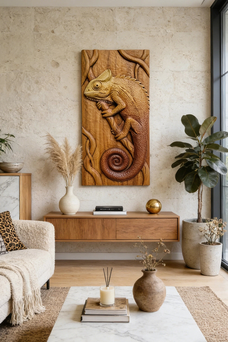 Chameleon wood relief displayed on living room wall