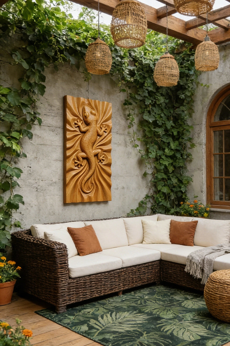 Gecko wood relief displayed on entryway wall