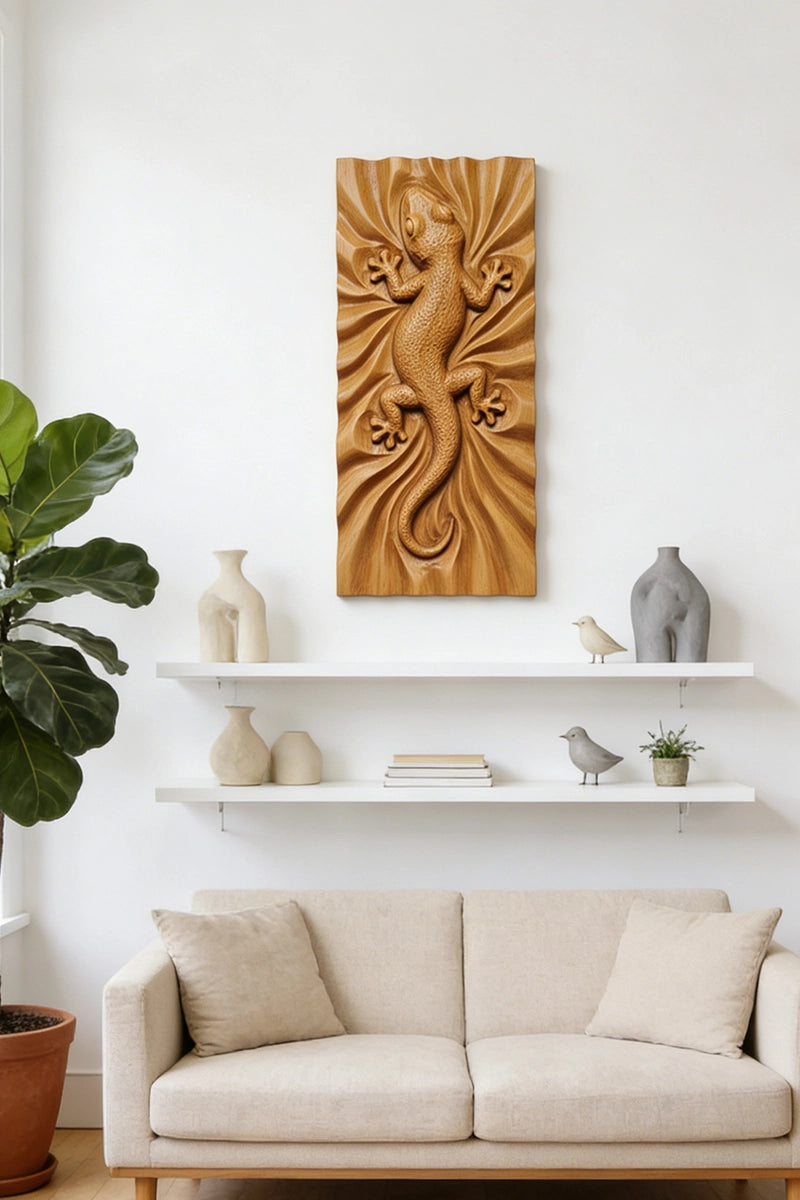 Gecko wood relief displayed on entryway wall