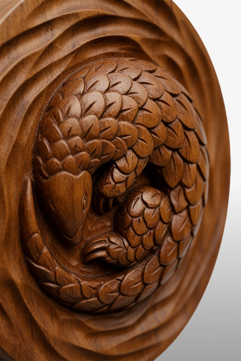 Pangolin wood carving detail showing overlapping scales and chisel marks