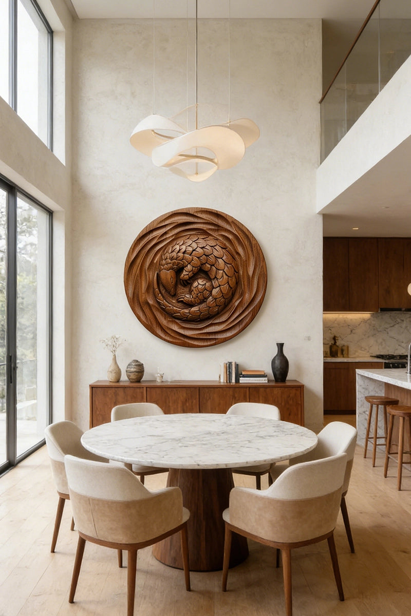 Pangolin round wood relief displayed on living room wall