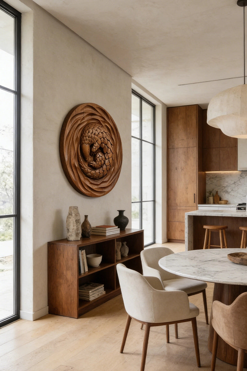 Pangolin round wood relief displayed on living room wall