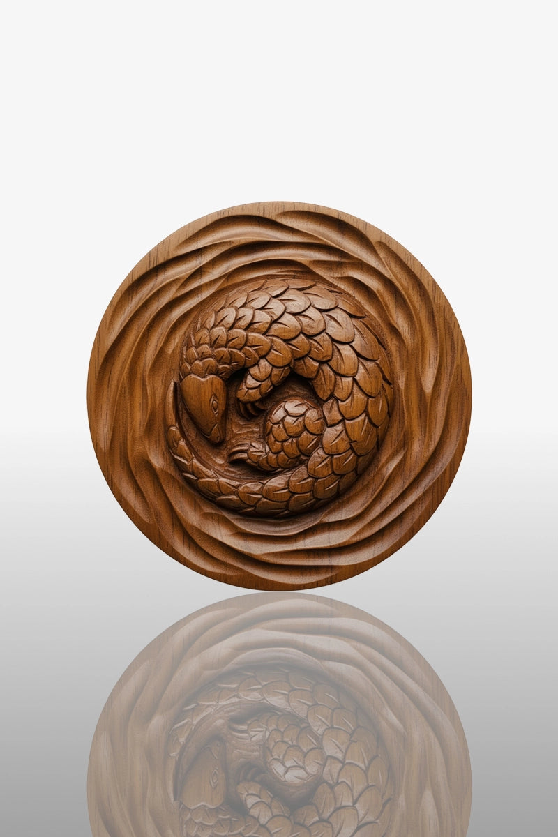 Hand-carved curled pangolin relief in round camphor wood panel with layered scales
