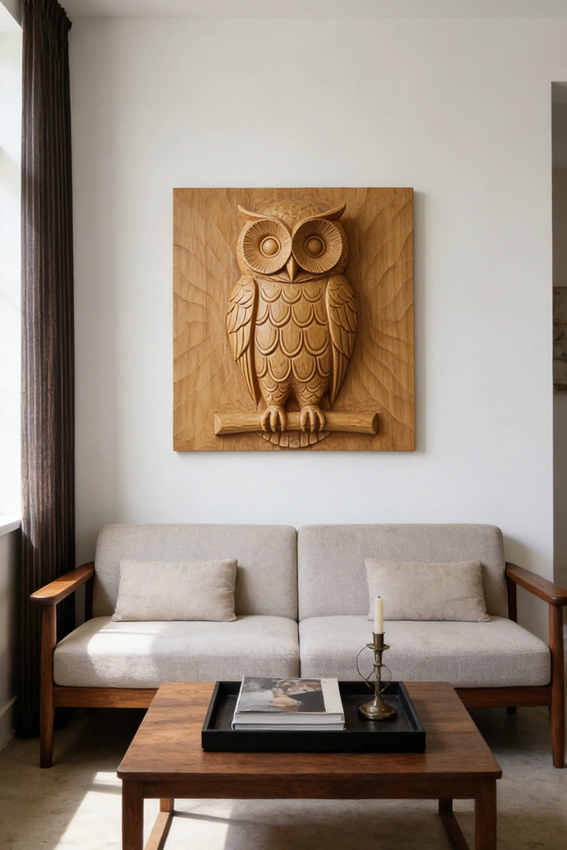 Owl wood relief displayed on study room wall