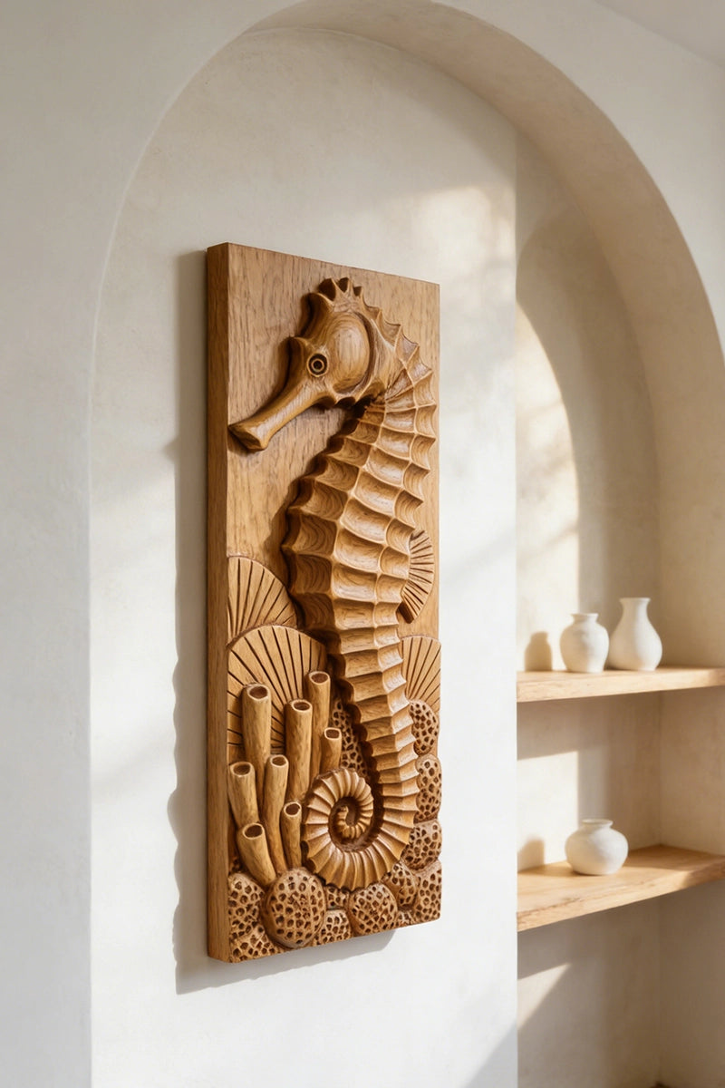 Seahorse wood relief displayed on bathroom or coastal themed wall