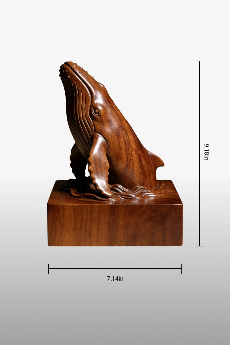 Humpback whale camphor wood tabletop sculpture dimensions, 7.14 inches wide by 9.18 inches tall