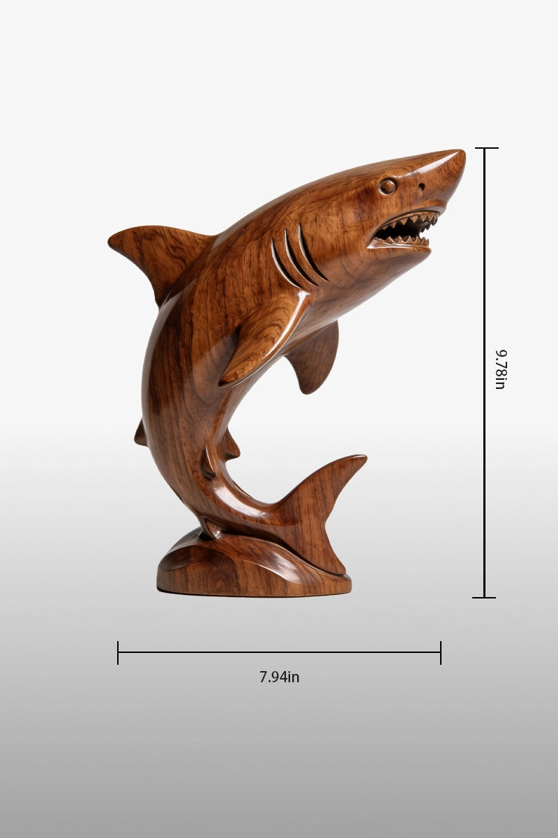 Shark camphor wood tabletop sculpture dimensions, 7.94 inches wide by 9.78 inches tall