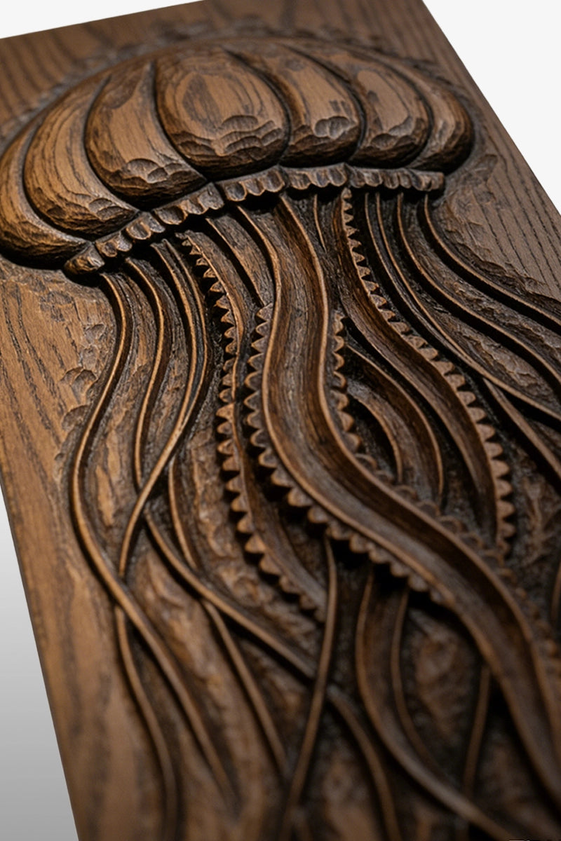 Jellyfish wood carving detail showing tentacle curves and bell scallop edges
