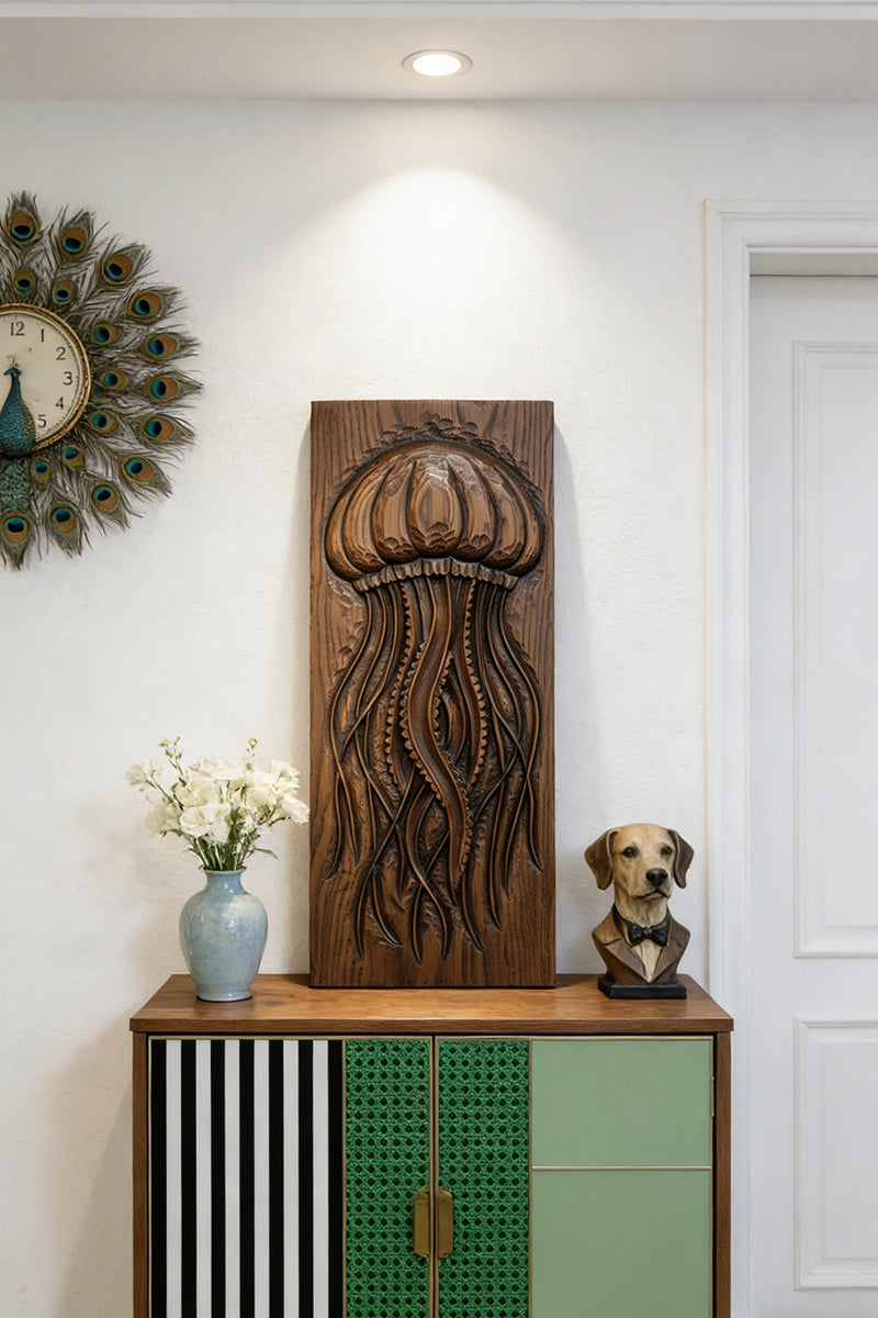 Jellyfish wood relief displayed on living room or bathroom wall