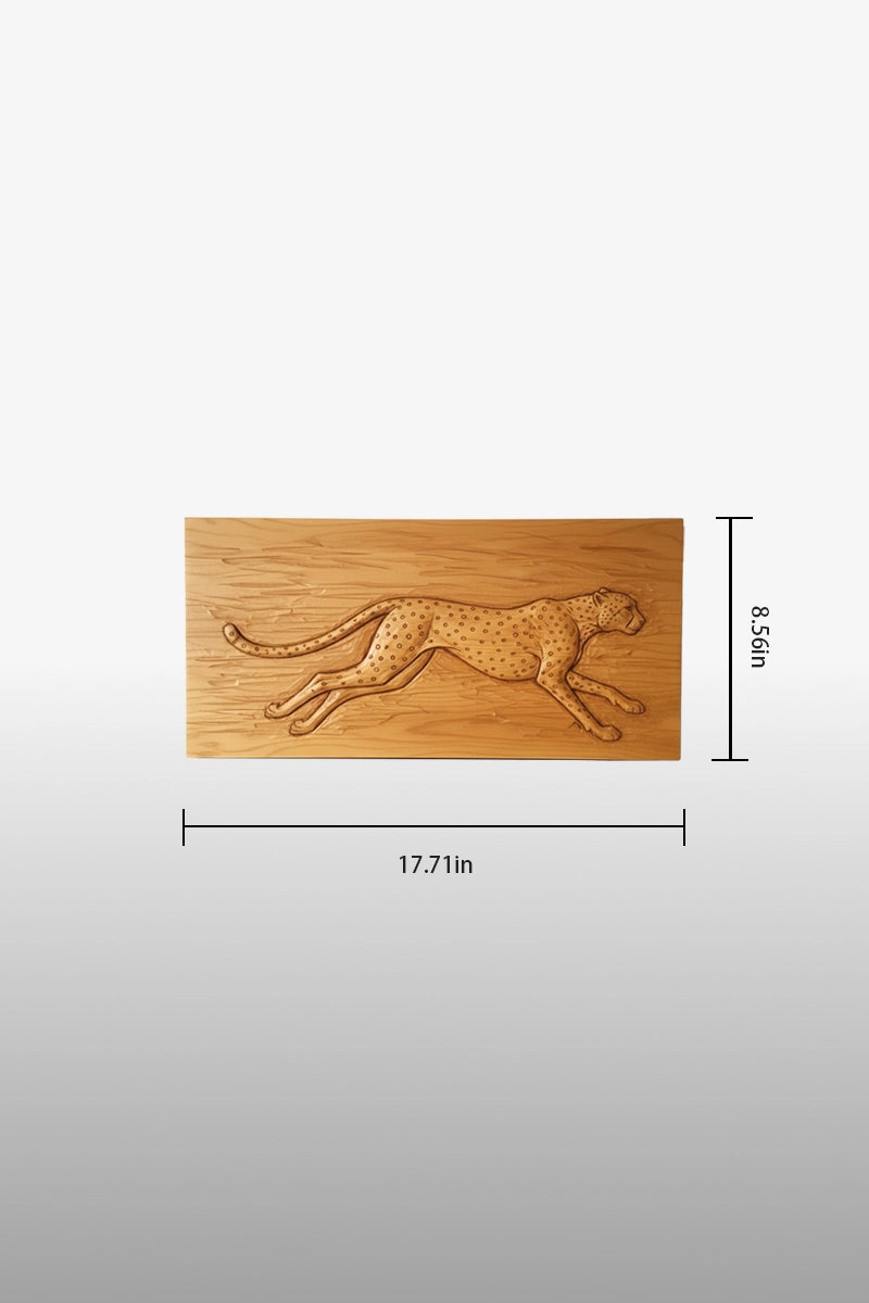 Cheetah camphor wood wall art dimensions, 17.71 inches wide by 8.56 inches tall