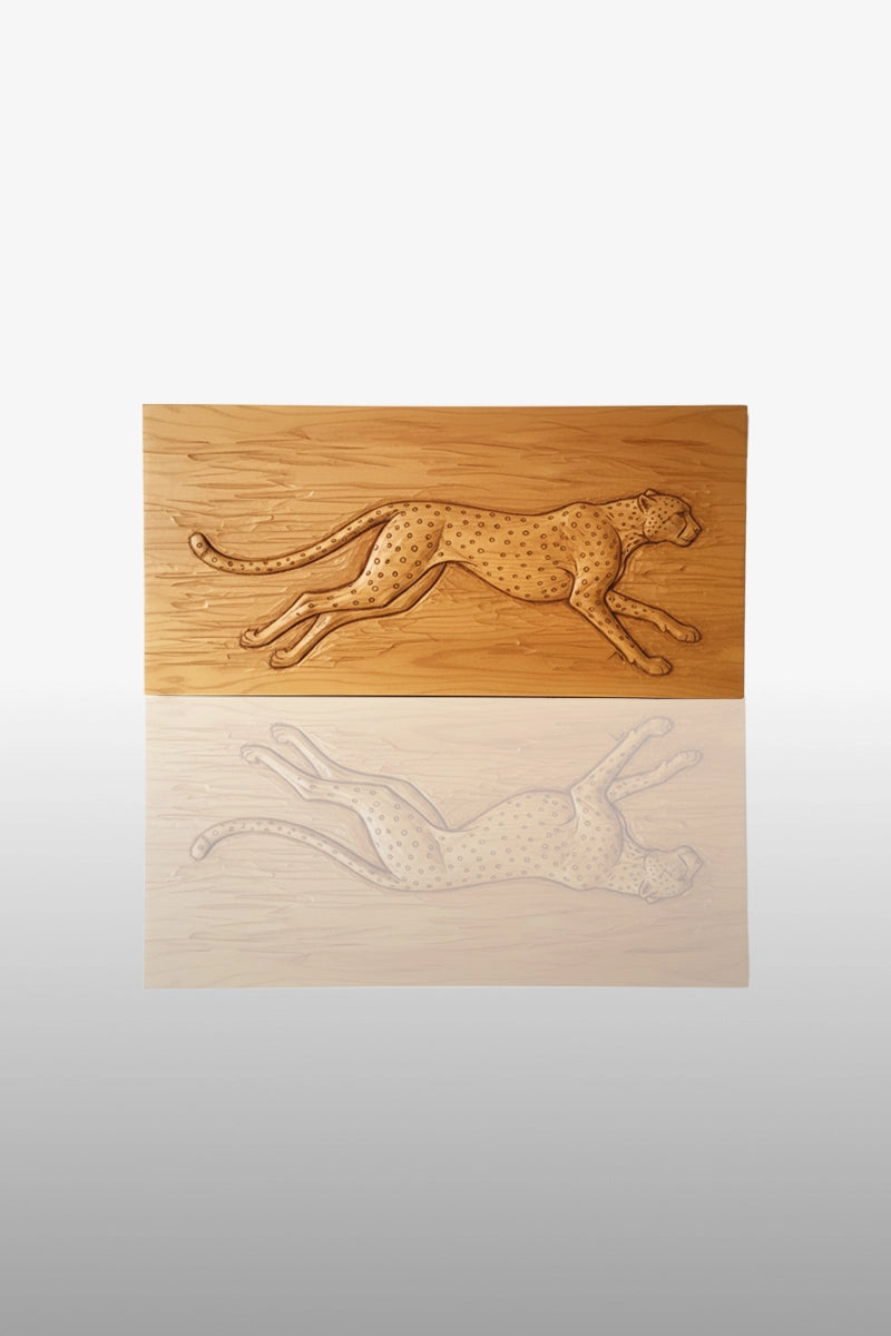 Hand-carved running cheetah relief in camphor wood with spotted coat detail