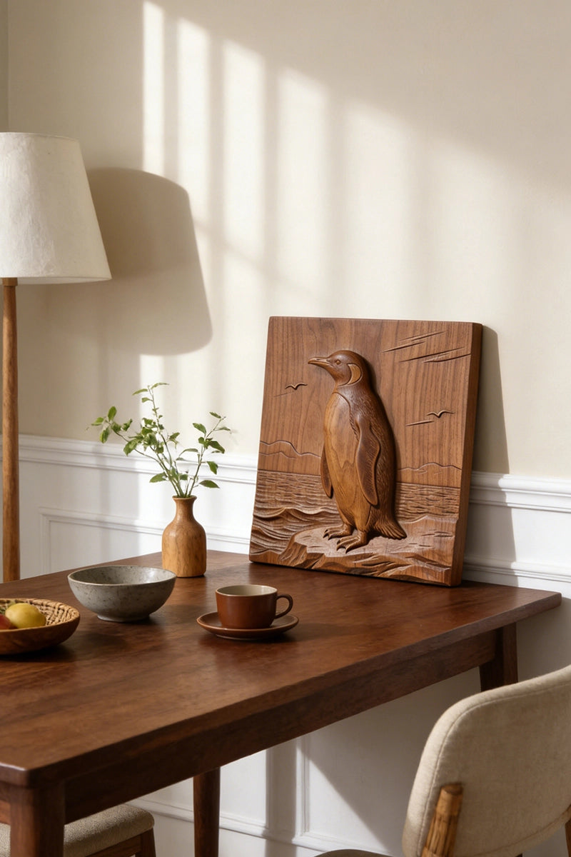 Penguin wood relief displayed on living room or nursery wall