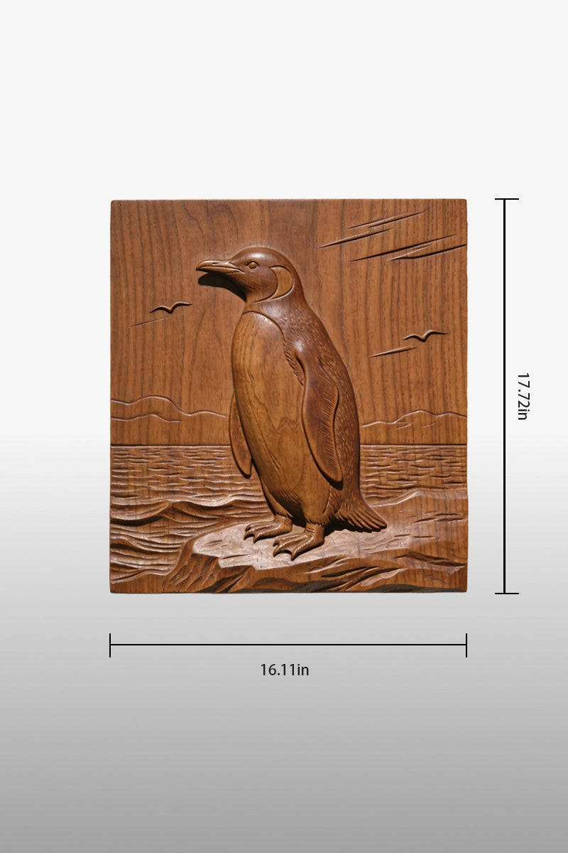 Penguin camphor wood wall art dimensions, 16.11 inches wide by 17.72 inches tall