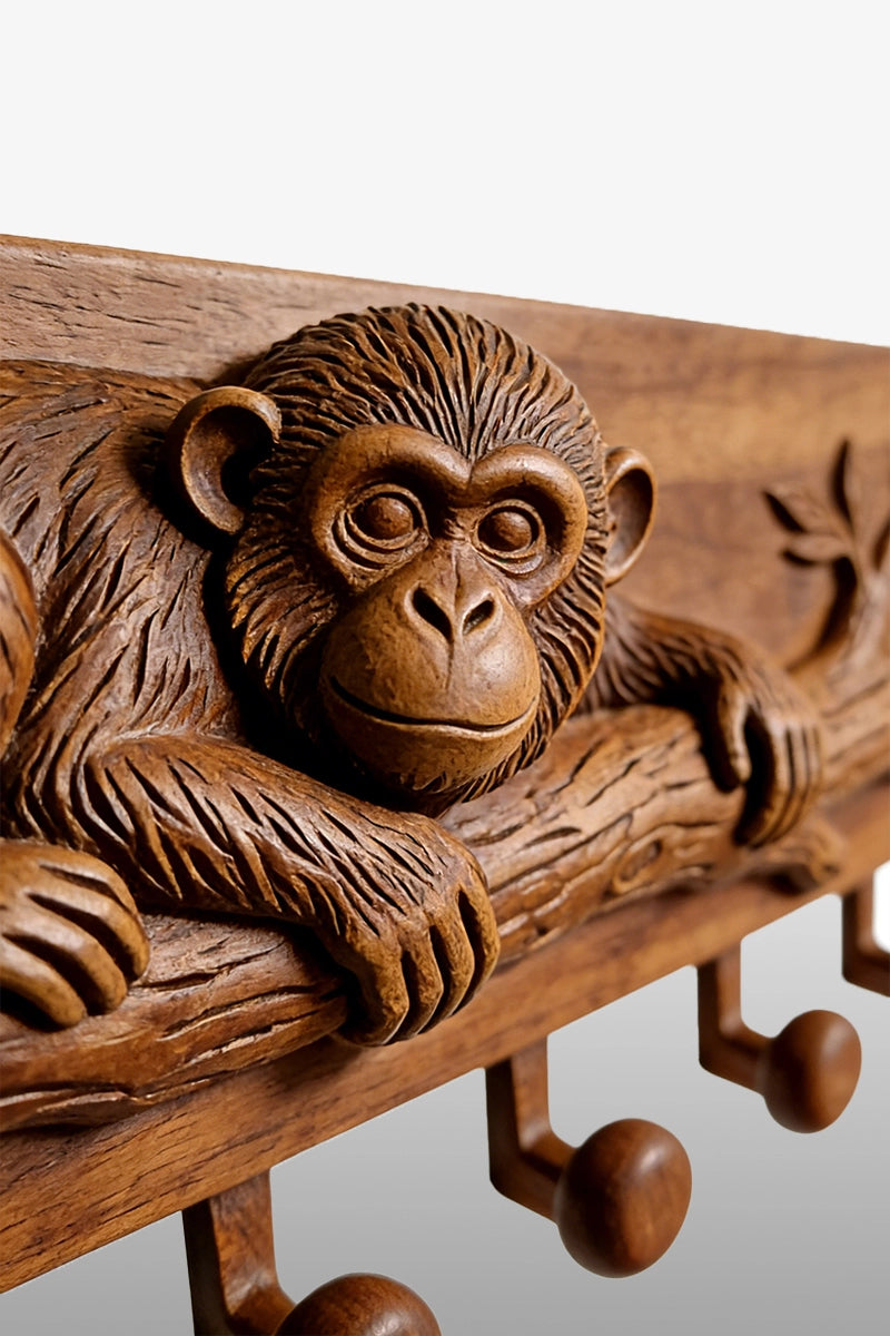 Monkey wood carving detail showing fur texture and branch bark