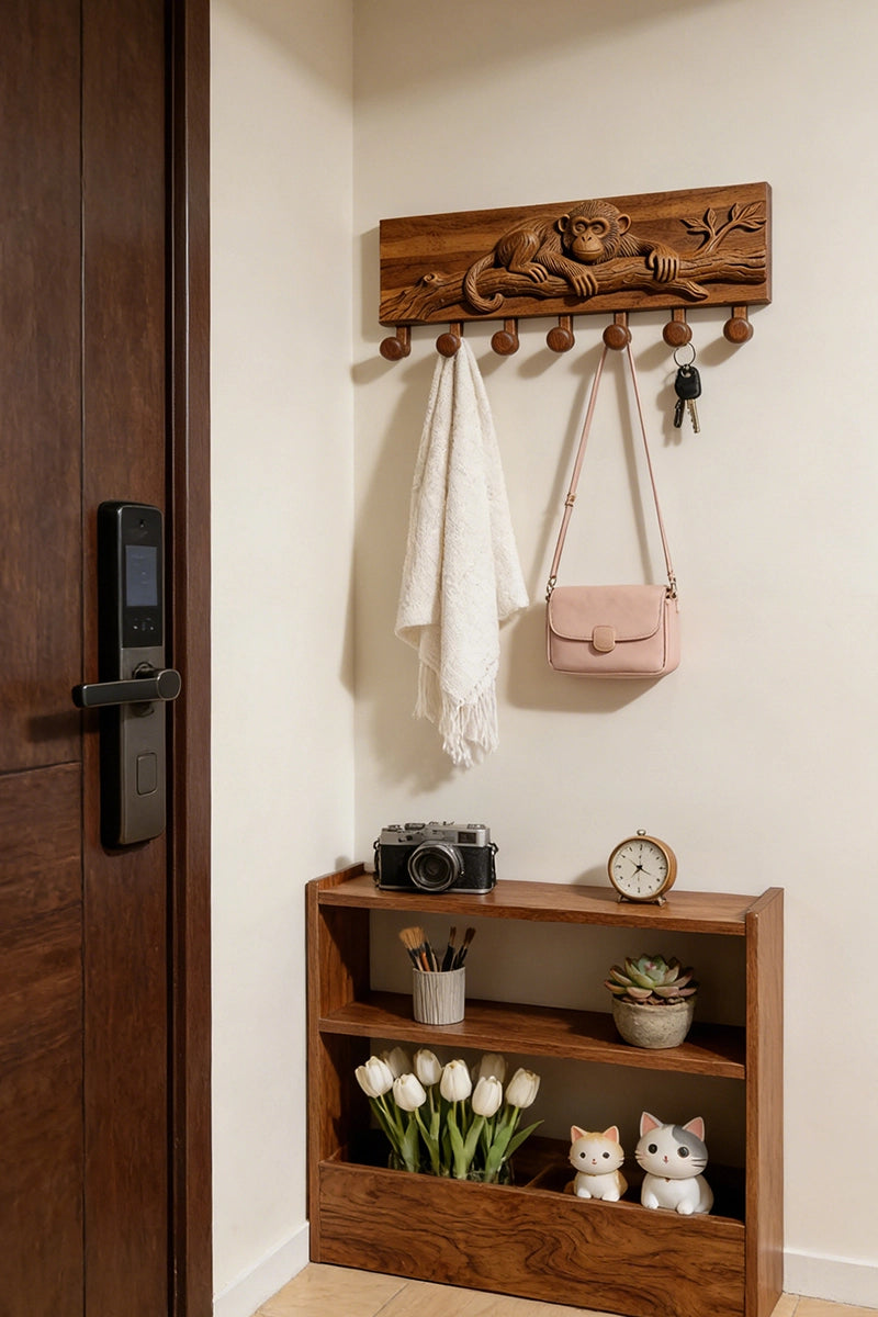 Monkey wood carved coat rack mounted in entryway with hanging coats