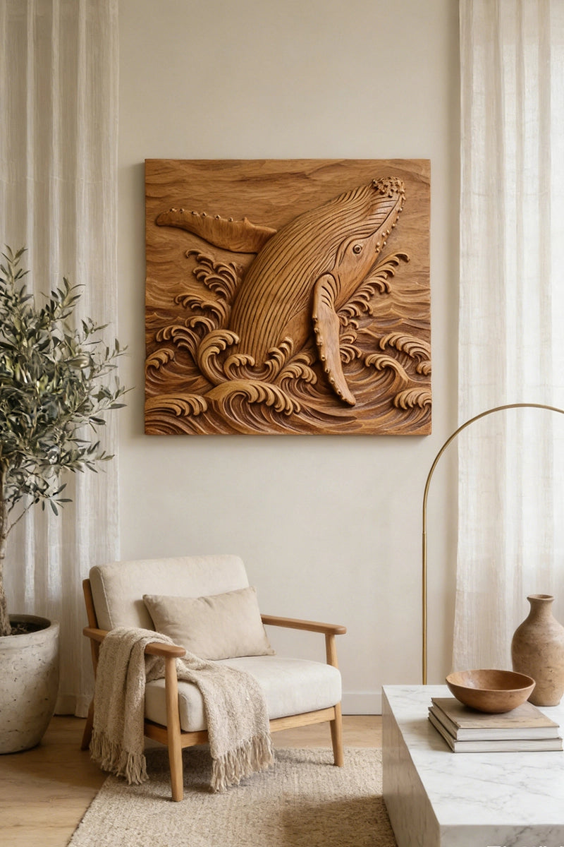Hand-carved humpback whale relief in natural camphor wood with ocean wave details, 19 x 19 inches